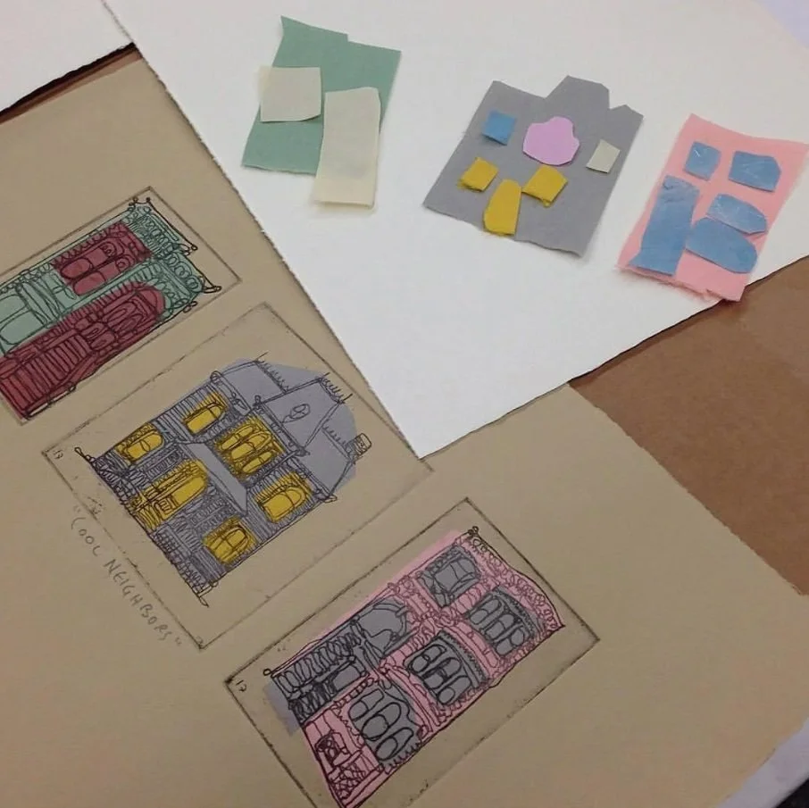 NYC artist Benjamin Lindsay shows process photos of his chine colle work, Cool Neighbors