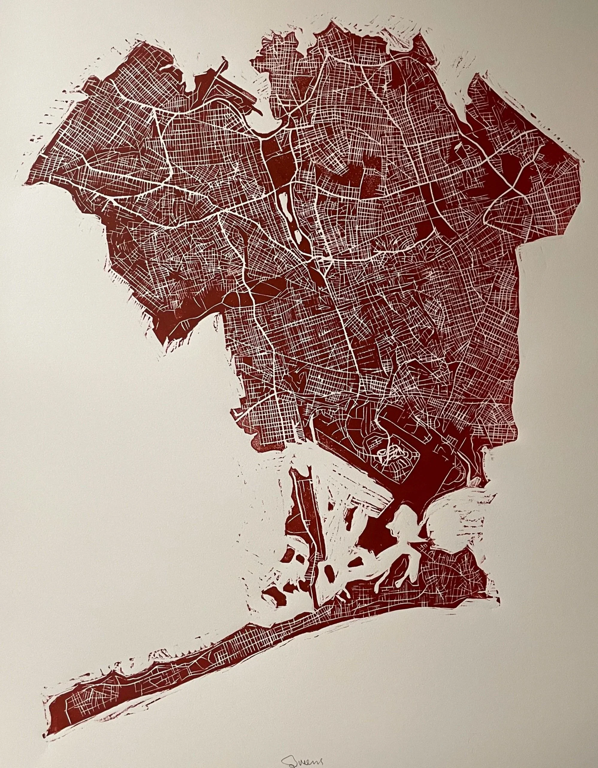 Woodblock print of map of Queens, New York by NYC artist Benjamin Lindsay