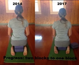 Update: 2018- after a good class my ankles can touch my bottom! It is so exciting to me to be free of knee pain after years of suffering.
