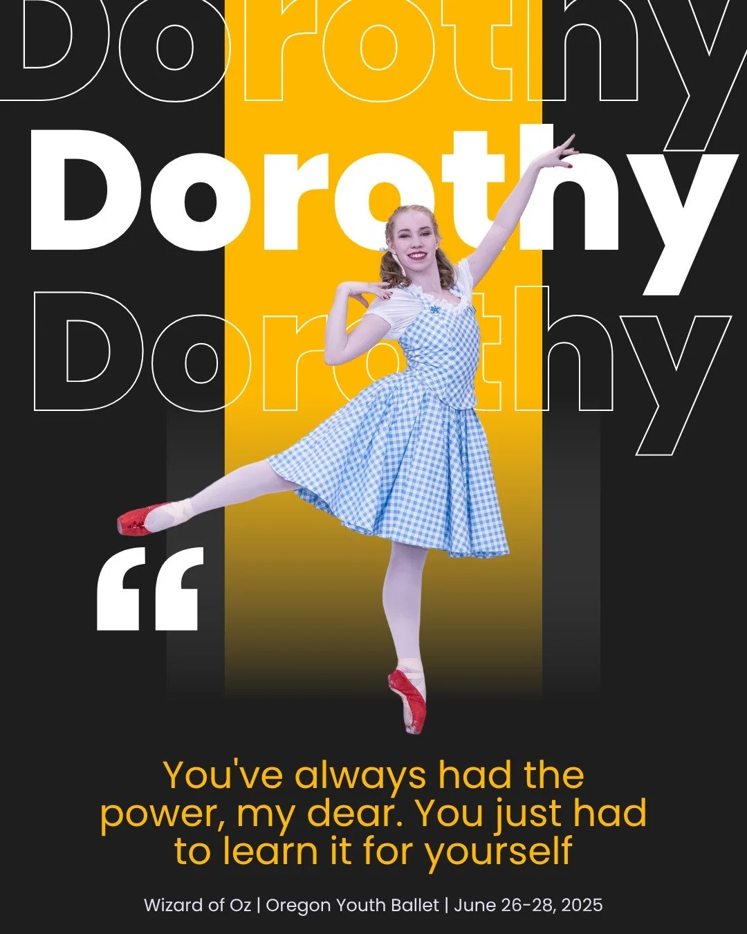 Follow Dorothy down the yellow brick in The Wizard of Oz ballet!

A technicolor, whirlwind adventure!

Perfect for the whole family!🌪️🌈👠

🌈 June 26 at 7pm
🌈 June 27 at 7pm
🌈 June 28 at 2pm

Sjolund Auditorium (North Medford HS)

Tickets only $1