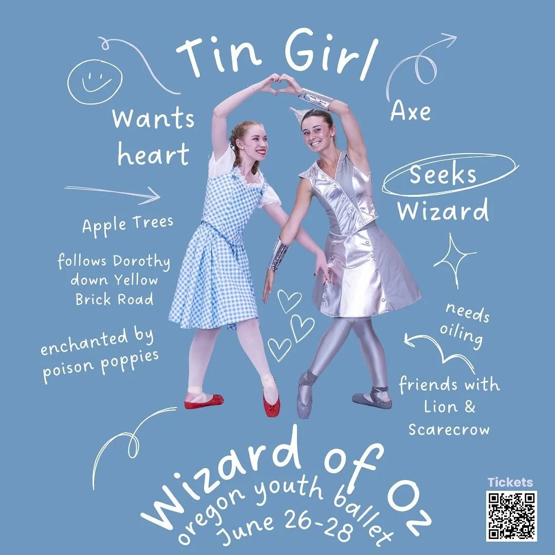 The Wizard of Oz Ballet!

Tin Girl invites you to join the magic, adventure, and laughter of the Wizard of Oz Ballet!

Perfect for the whole family!🌪️🌈👠

🌈 June 26 at 7pm
🌈 June 27 at 7pm
🌈 June 28 at 2pm

Sjolund Auditorium (North Medford HS)
