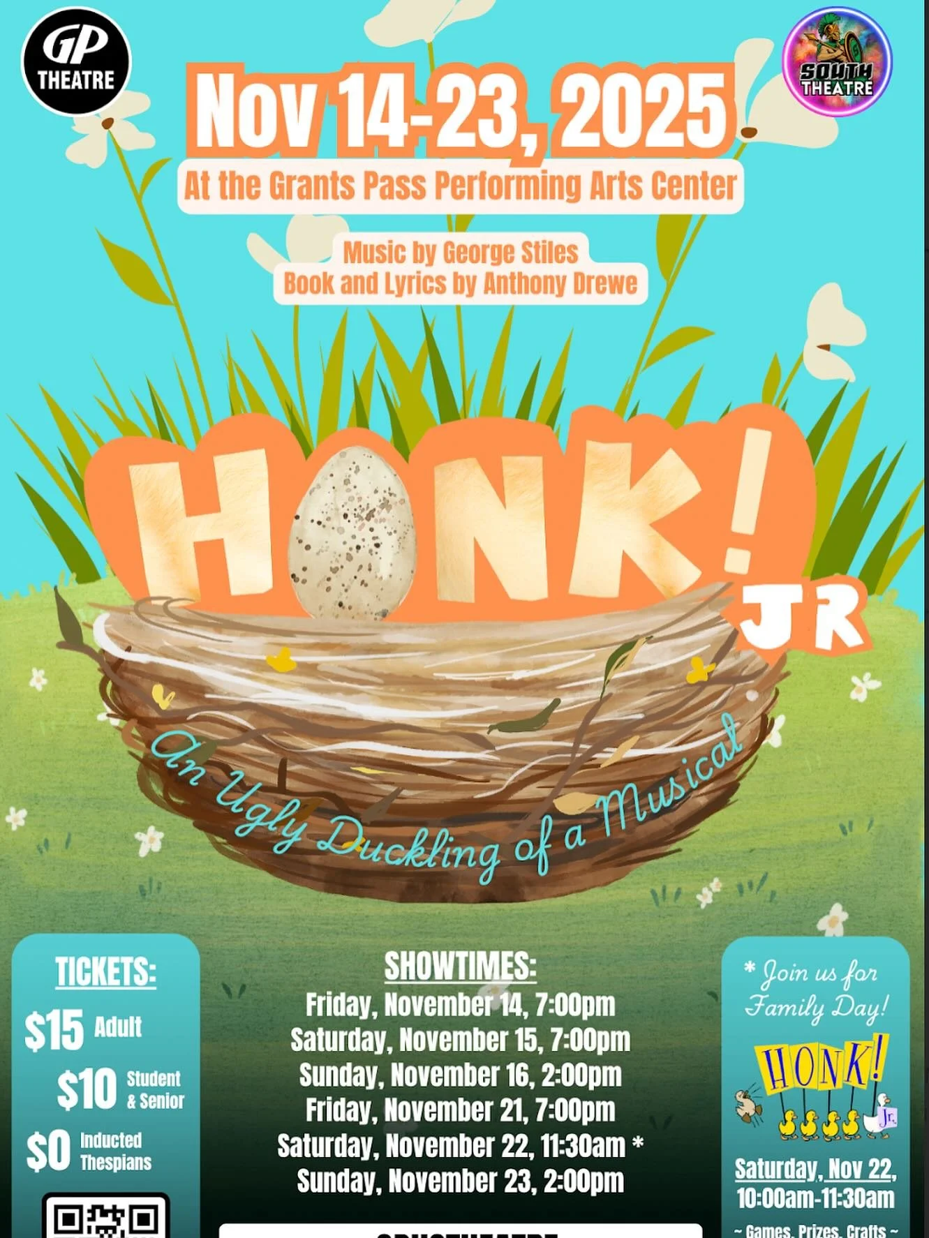 Grants Pass High School&rsquo;s Theatre Department presents their Fall Musical: &ldquo;HONK! Jr&rdquo; playing at the GPHS Performing Arts Center, Nov 14-23, 2025. We are excited to also welcome ten students from South Middle School into our cast as 