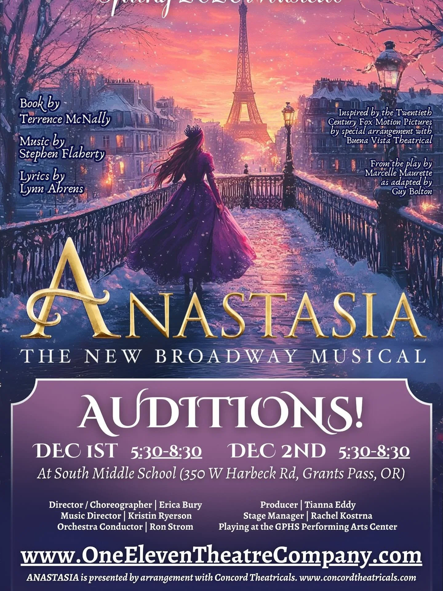 Join us on a Journey to the Past! Audition to be a part of One Eleven Theatre Company&rsquo;s next spectacular Spring Musical!

Audition Dates: (Pick one to attend)
- Monday, Dec 1st, 5:30-8:30pm
- Tuesday, Dec 2nd, 5:30-8:30pm

​Call-Backs: (By Invi