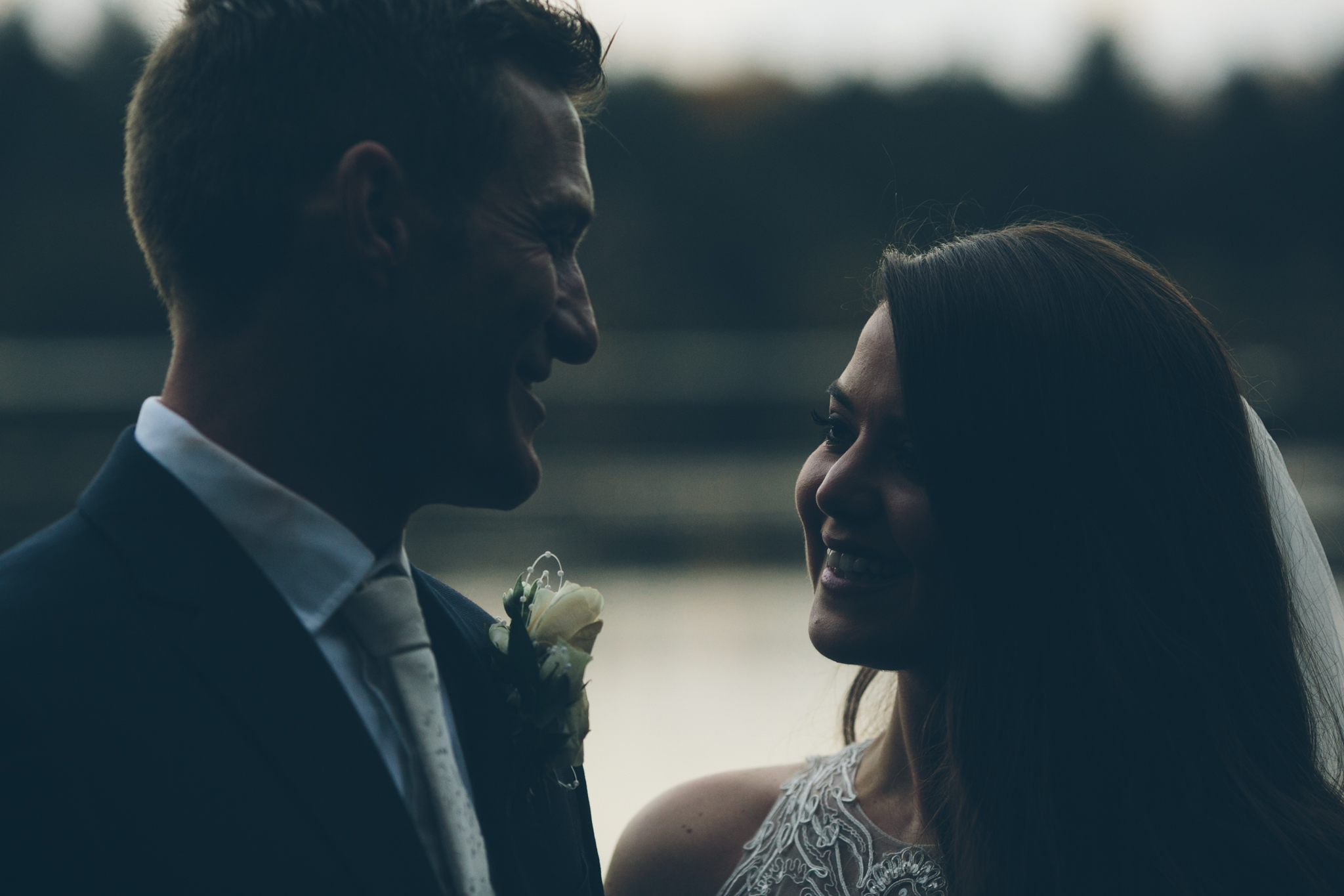 Silhouette of a smiling couple in wedding attire facing each other outdoors during sunset or dusk.