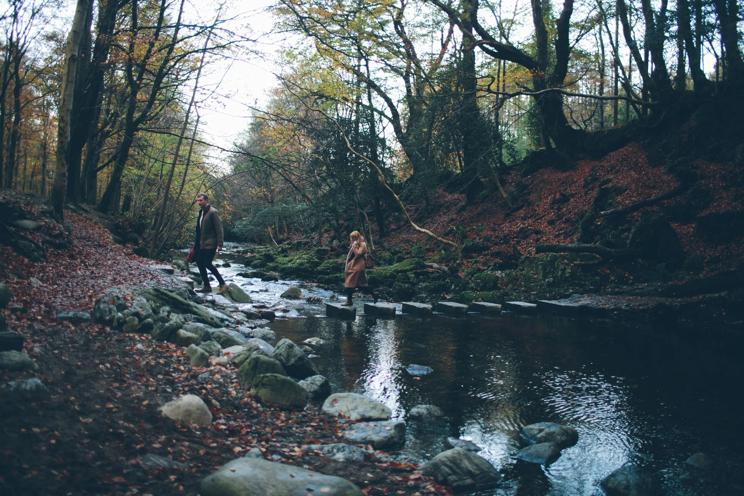 Two people walking on rocks across a creek in a forested area with autumn foliage.