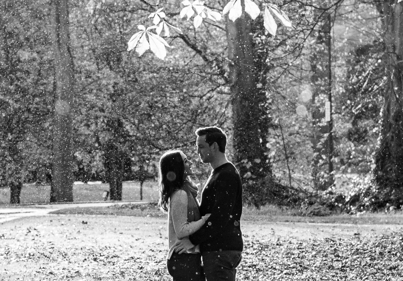 A black and white photo of a couple standing close together, looking into each other's eyes, in a park surrounded by trees and falling leaves.