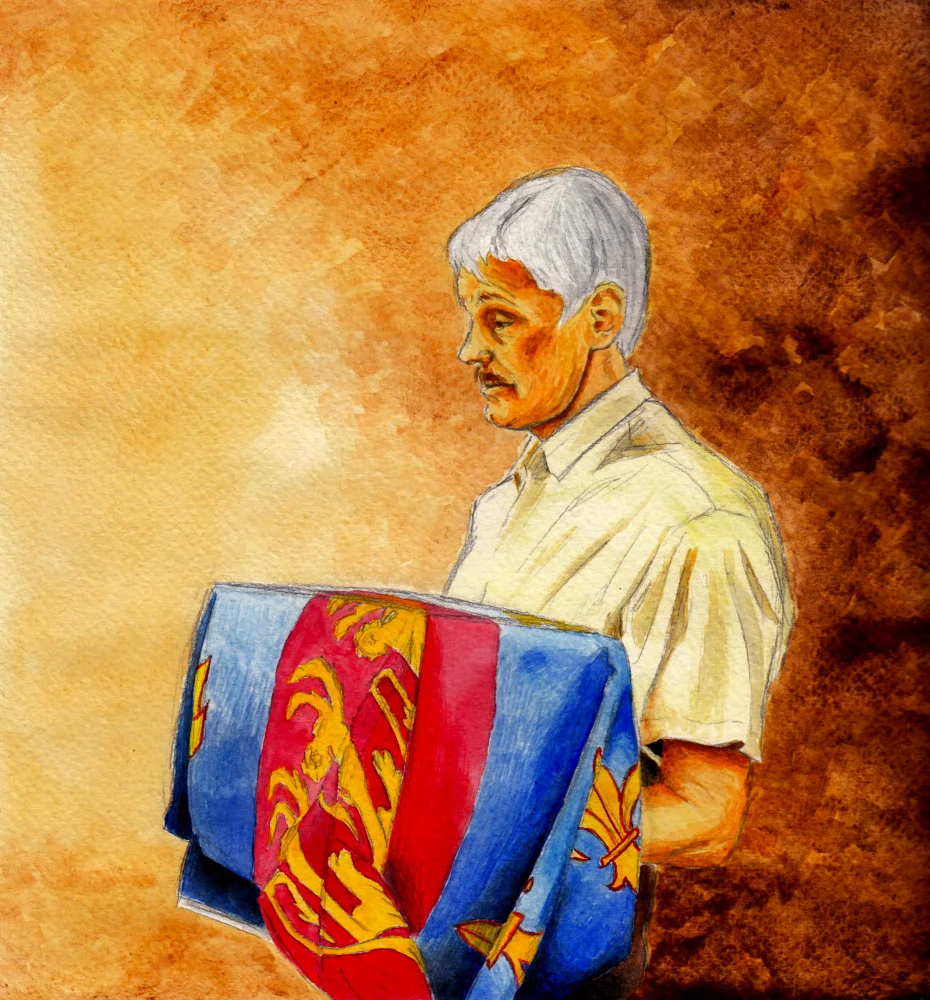 Artwork by Riikka Nikko : John Ashdown-Hill carrying the remains of Richard III