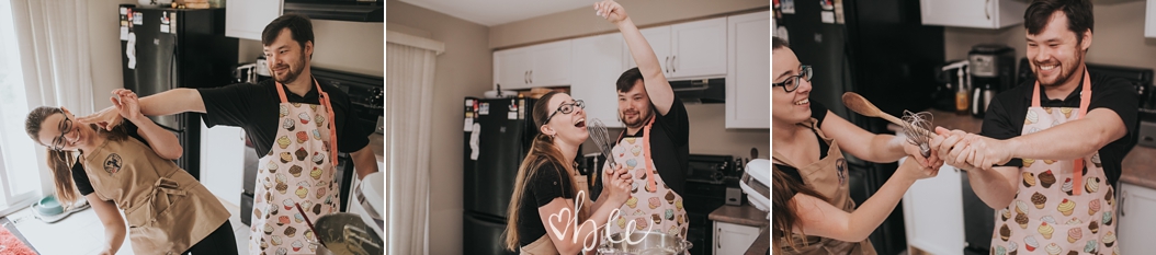 a couple has a flour fight in the kitchen