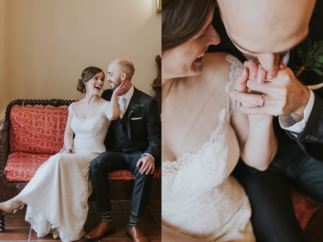 Bride and groom cuddling at indoor chapel wedding The Doctor's House