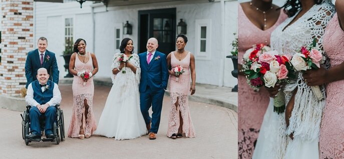  wedding party with pink dresses and blue suits 