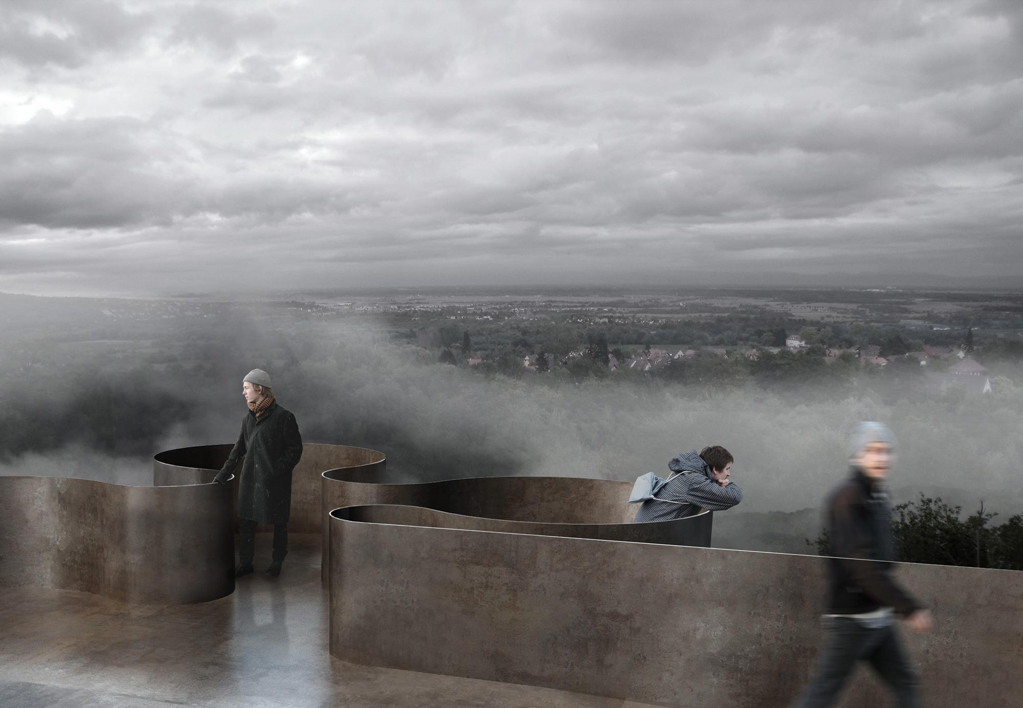 Illustration shows the planned intervention in the St Nabor quarry. A corten steel platform shape like a four-leaf clover, will allow you to enjoy a better view of the landscape of the Rosheim valley and the Alsace plains!