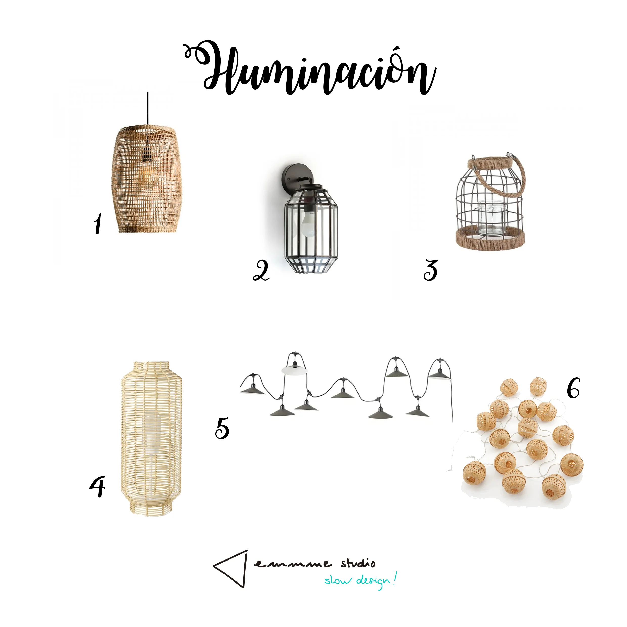 1 Lámpara 2 Aplique 3 Portavelas 4 Lámpara suelo 5 Guirnalda 6 Guirnalda mimbre