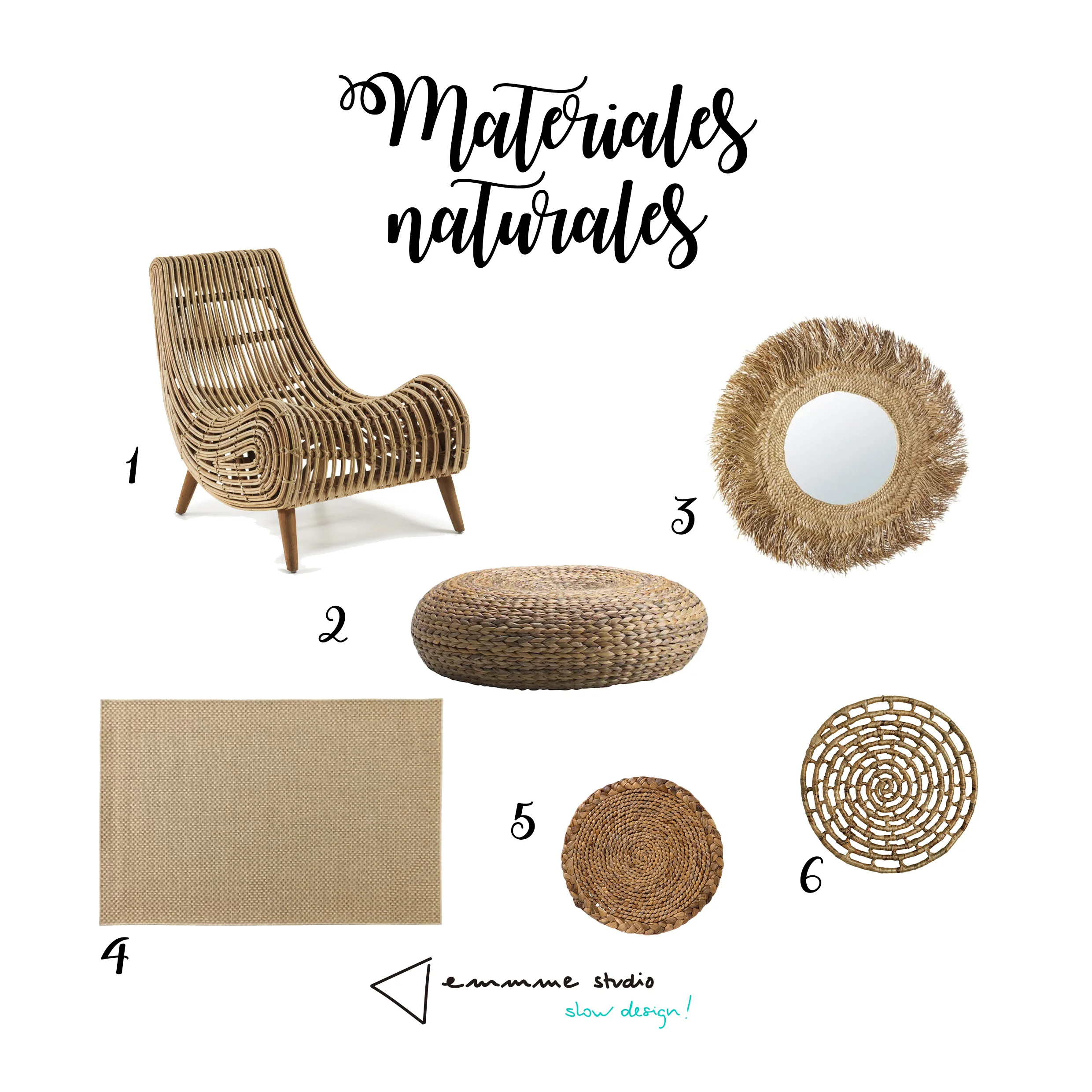 1 Butaca 2 Puff 3 Espejo 4 Alfombra 5 Salvamanteles 6 Salvamanteles