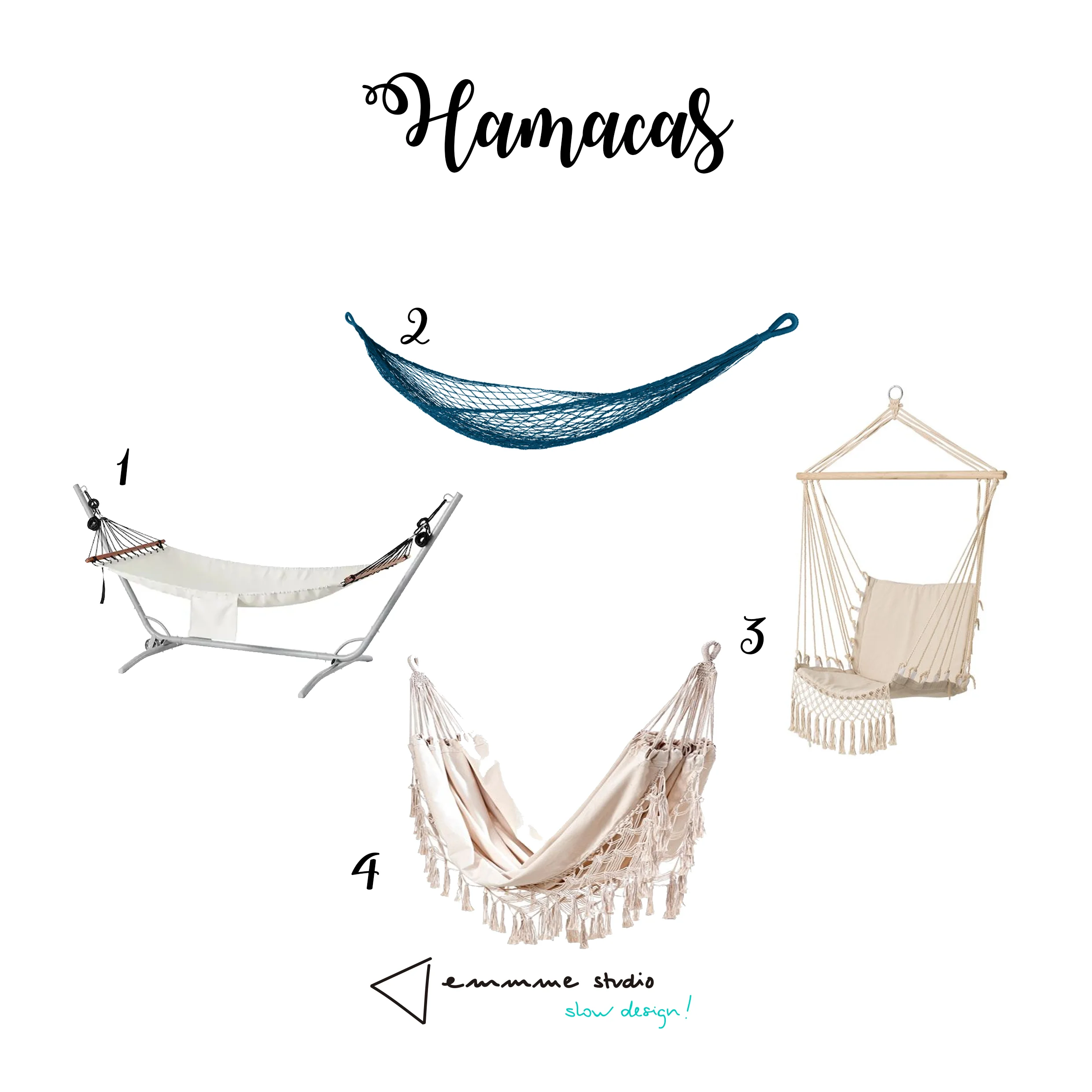 1 Hamaca con soporte 2 Hamaca redecilla 3 Hamaca sentada 4 Hamaca macramé