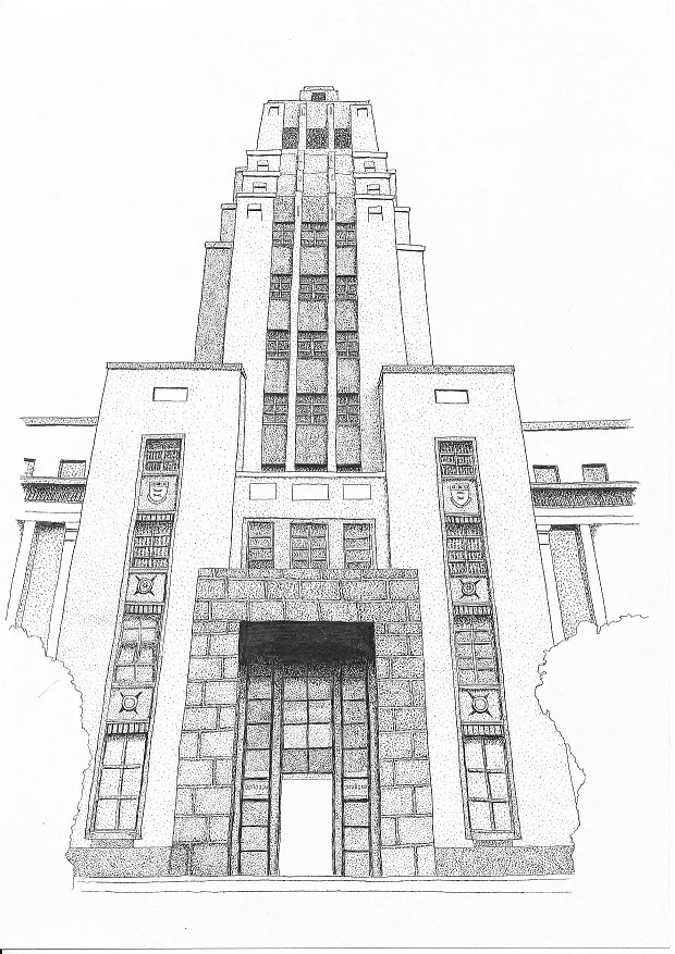 Drawing of the entrance and tower of the Memorial Tower Building by an architectural student