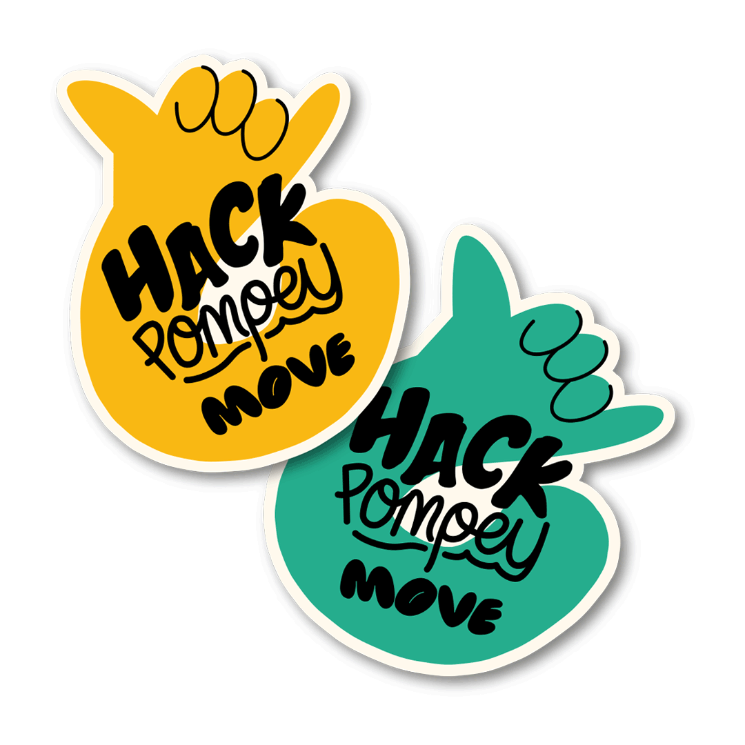 Stickers with "Hack Pompey Move" text and hand graphic in yellow and teal colors.