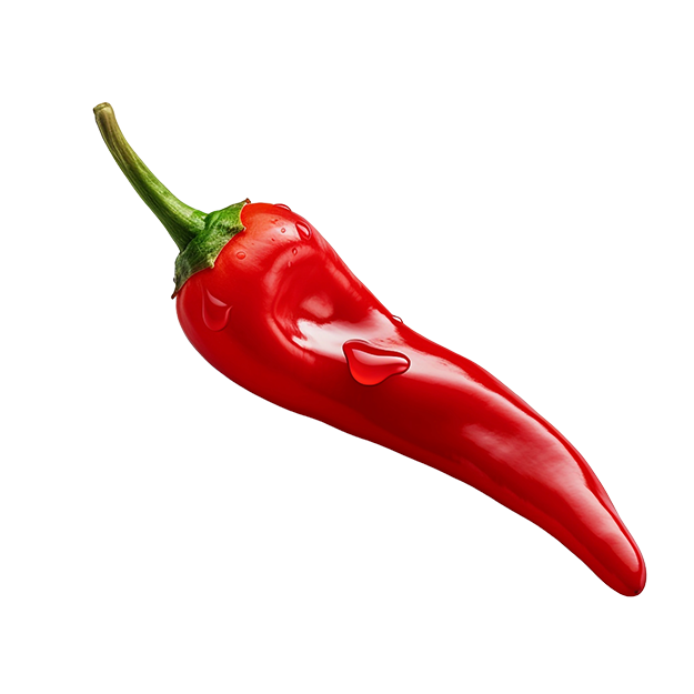 Red chili pepper with water droplets on a white background.