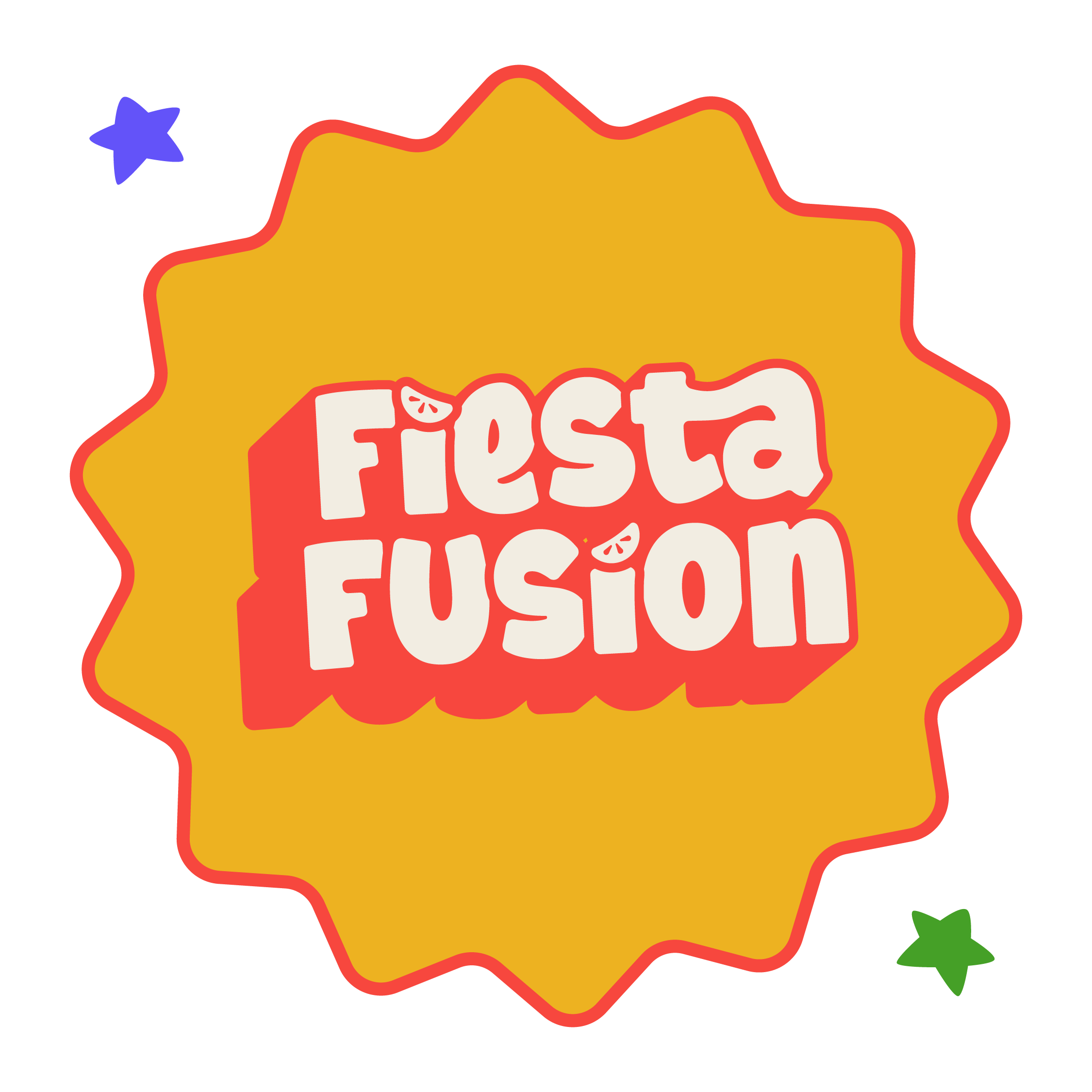 Fiesta Fusion logo with orange and red stylized text on a yellow starburst background, featuring small fruit slice graphics, surrounded by blue and green star shapes.