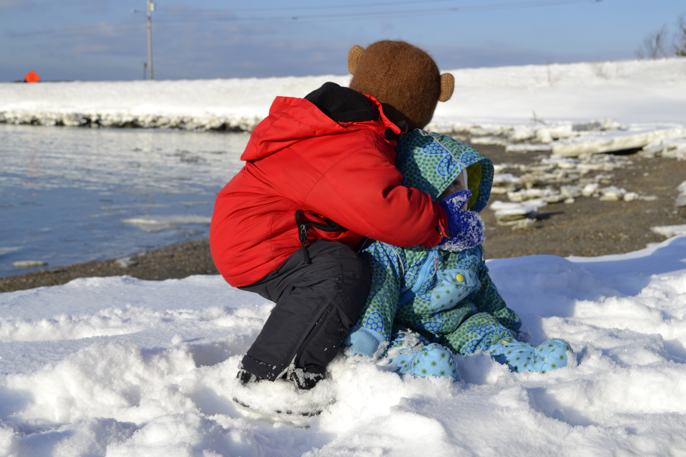 He finally decided she's okay enough to keep, and gives her frequent hugs and "I wove you Wiwo."&nbsp; Occasionally accompanied by the snowy mitten hand to the face.
