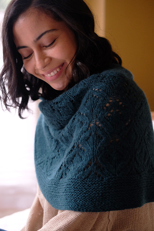 Pictured: Wintertide Shawl knit in Cashmere FIngering