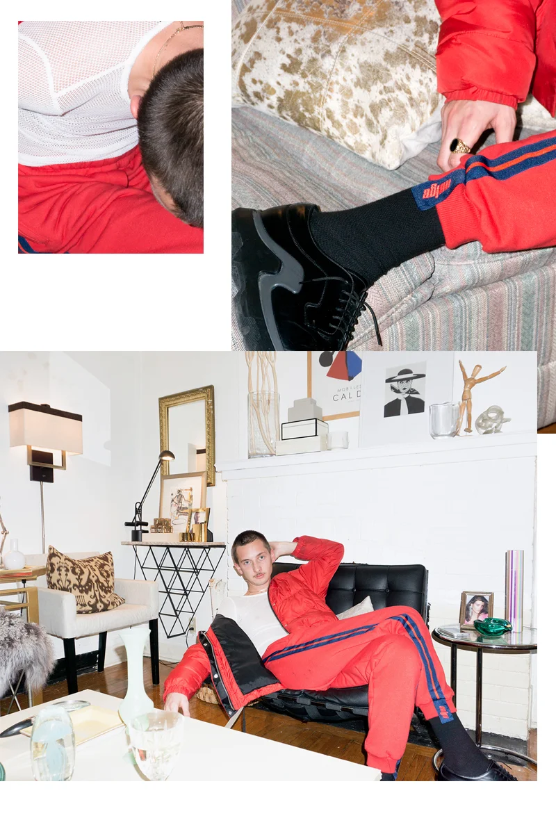 Ryan wears Neige Red Sweatpants