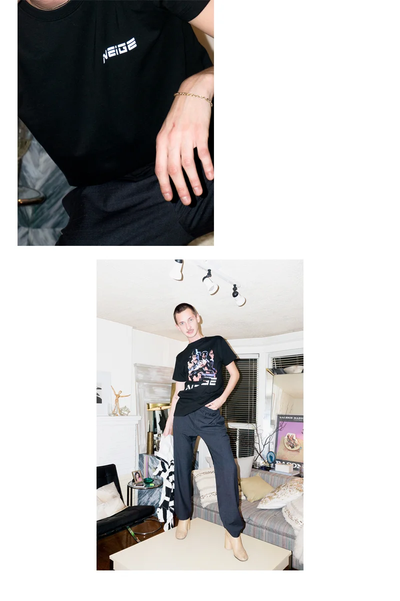 Ryan wears Neige Striped Trousers and Neige Cops Tee (backwards)