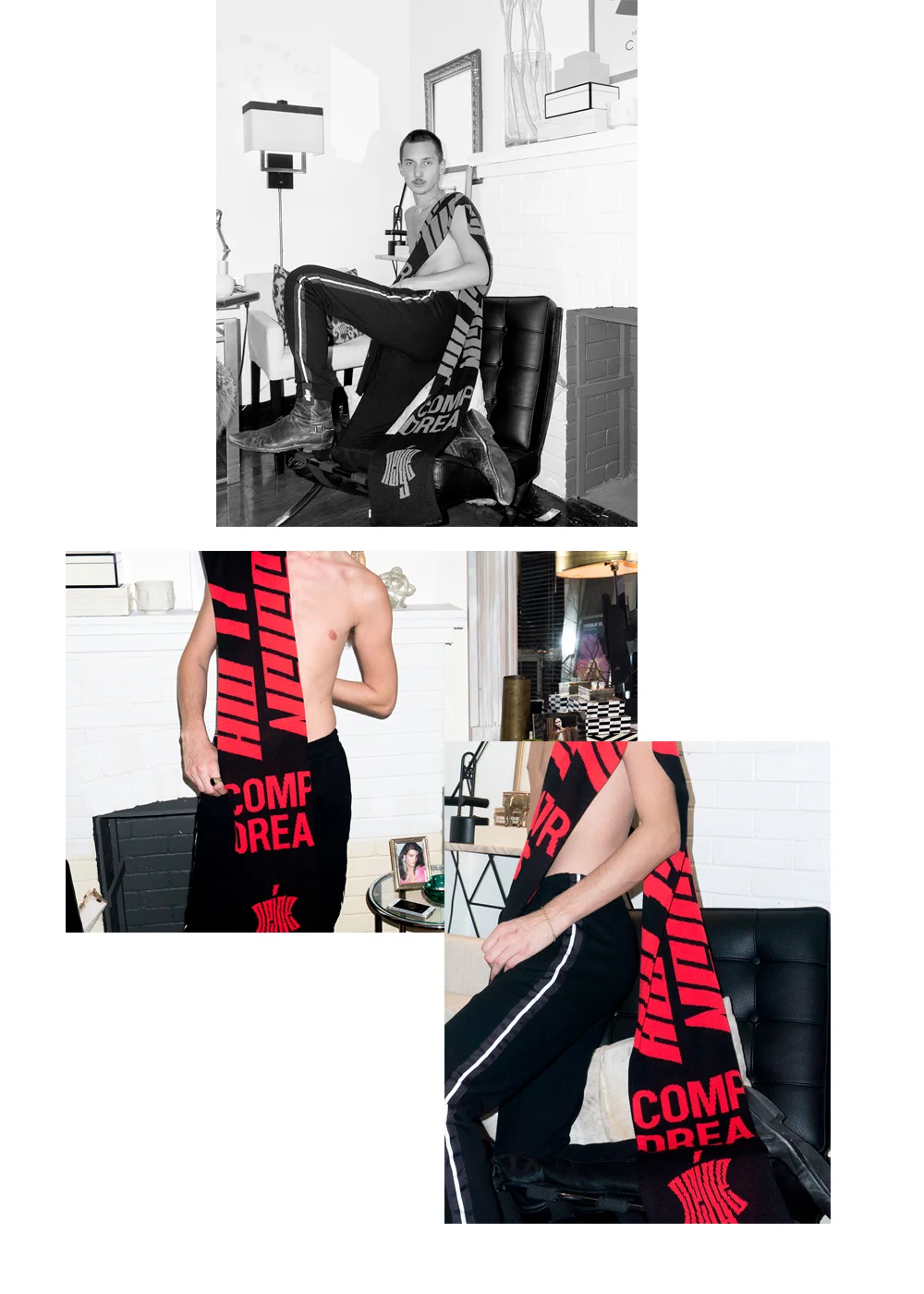 Ryan wears Neige Black Sweatpant and Neige Computer Dreams Scarf