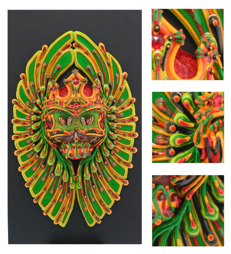 All pieces of art are one-of-a-kind. A specially formulated moisture barrier coating is applied to ensure longevity. Rob-O's sugar skulls encased in a custom made oak shadowbox (11 3/4" X 19 3/4" X 4"). The finished product is incredible! If you have a chance, check these out in person. And actually, should you want to see in more detail, we invite you to contact us. $800.00 