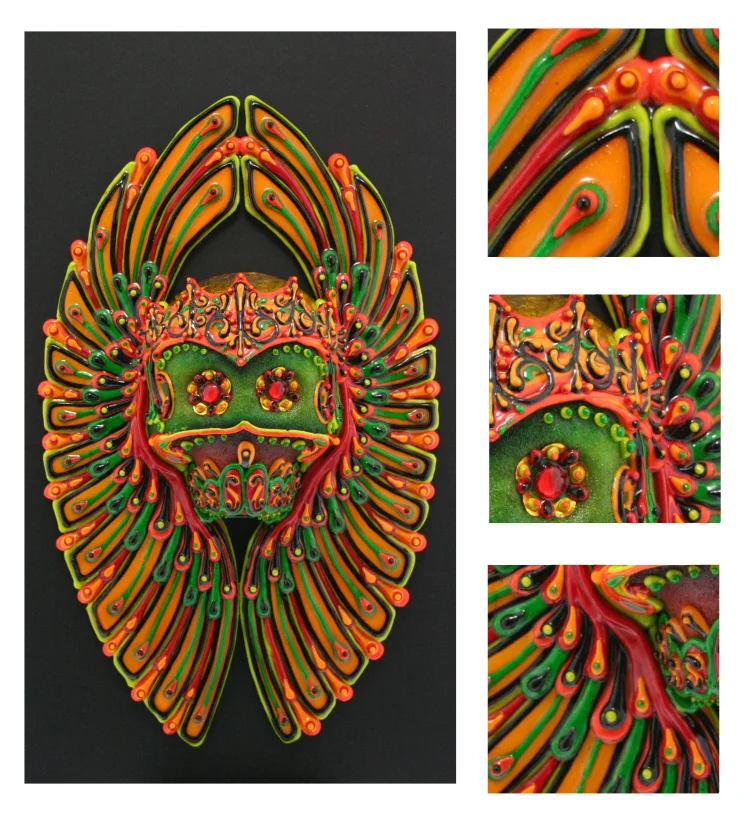 All pieces of art are one-of-a-kind. A specially formulated moisture barrier coating is applied to ensure longevity. Rob-O's sugar skulls encased in a custom made oak shadowbox (11 3/4" X 19 3/4" X 4"). The finished product is incredible! If you have a chance, check these out in person. And actually, should you want to see in more detail, we invite you to contact us. SOLD $800.00 