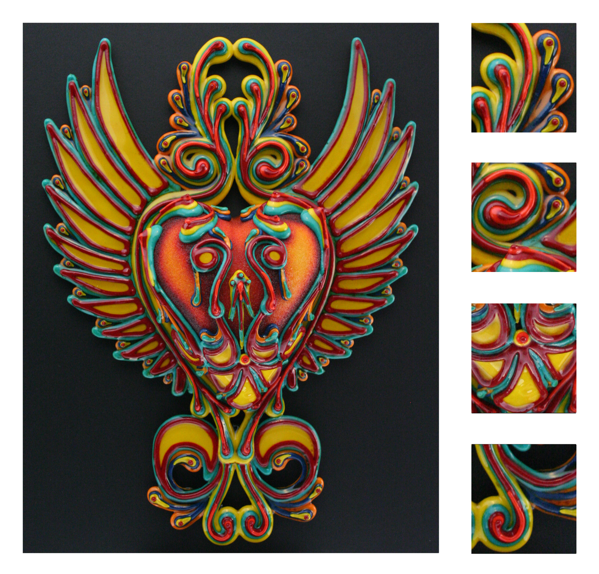 The Heart has long been recognized across cultures as being a symbol for love, charity, joy, and compassion. I would encourage you to consider all of these meanings as you enjoy the sugar heart art you see here. When we take the time to observe and when we are still enough- the answers always come. The spirit of whatever it is you have determined this heart means to you. This piece made of a pure sugar mixture. This piece of art is one-of-a-kind and comes encased in a handmade, oak shadowbox (11" x 14" x 4") designed specifically for Rob-O's sugar skulls. A specially formulated moisture barrier coating is applied to ensure longevity. Should you want to see in more detail, we invite you to contact us at inf@ilovesugarskulls.com or (916)320-8053 . SOLD $330.00
