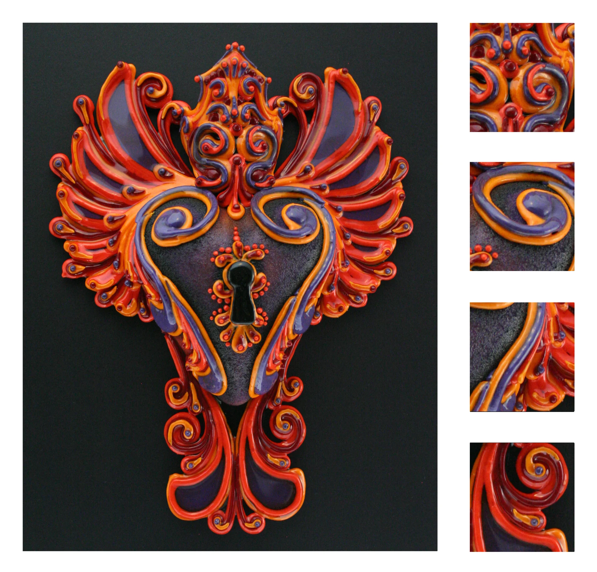 The Heart has long been recognized across cultures as being a symbol for love, charity, joy, and compassion. I would encourage you to consider all of these meanings as you enjoy the sugar heart art you see here. When we take the time to observe and when we are still enough- the answers always come. The spirit of whatever it is you have determined this heart means to you. This piece made of a pure sugar mixture. This piece of art is one-of-a-kind and comes encased in a handmade, oak shadowbox (11" x 14" x 4") designed specifically for Rob-O's sugar skulls. A specially formulated moisture barrier coating is applied to ensure longevity. Should you want to see in more detail, we invite you to contact us at inf@ilovesugarskulls.com or (916)320-8053 . SOLD $330.00