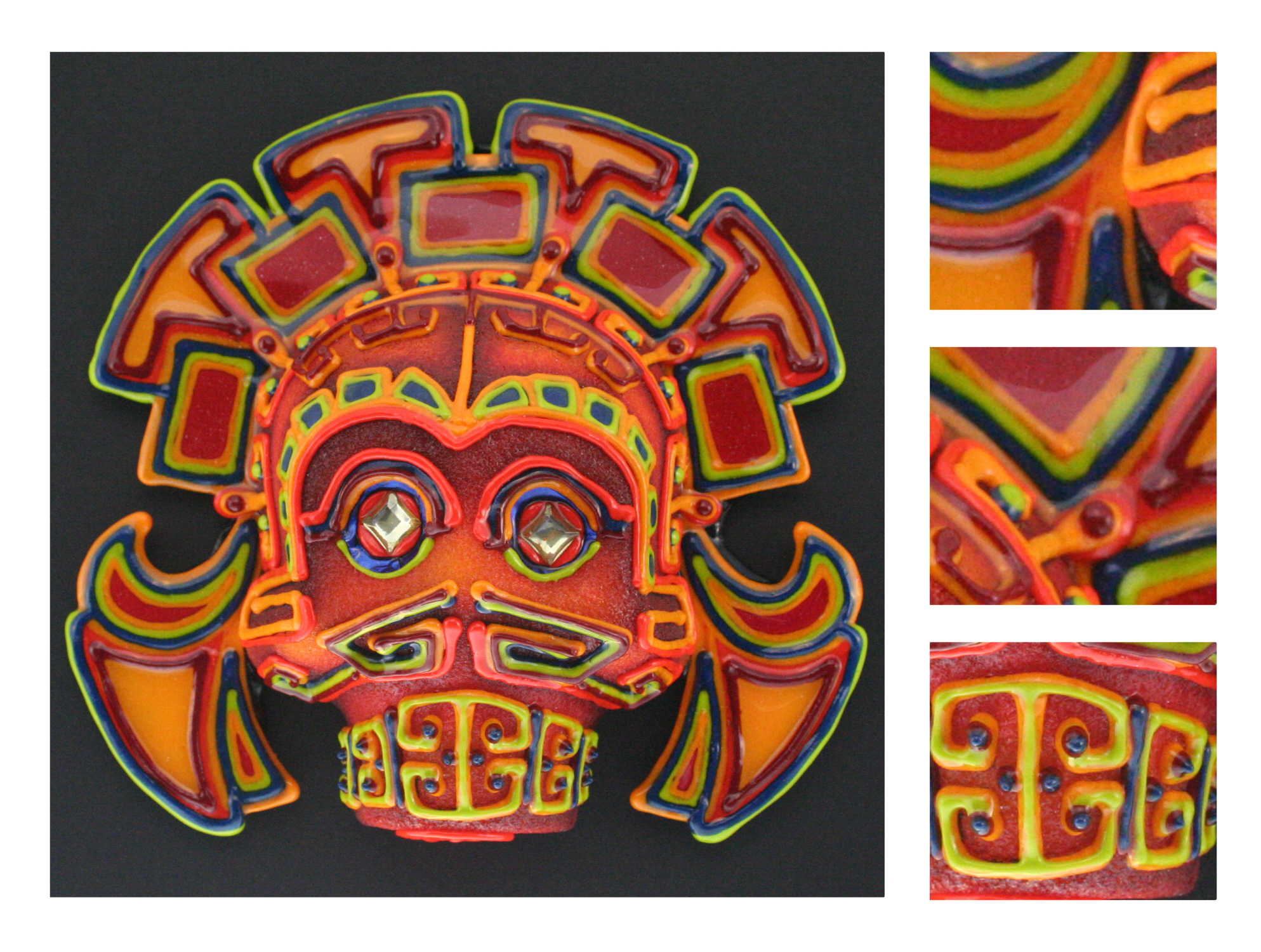 Because the chronology of Meso-American history is so muddled, it's unclear as to when and how the use of sugar skulls became popular in the celebration of Dia de los Muertos (Day of the Dead). What we do know is that it was the result of the cultural merging after the Spanish conquest in the sixteenth century. The use of sugar art (including skulls) in the celebration of All Saint's Day can be traced back to twelfth century Europe. The sugar skull represents the celebration of life and death as part of the modern-day Dia de los Muertos festivities. Sugar skulls are typically colorful, whimsical, cheerful, and sometimes even humorous. This piece is a traditional sugar skull in that they are made of a pure sugar mixture. This piece of art is one-of-a-kind and comes encased in a handmade, oak shadowbox (10" x 10" x 4") designed specifically for Rob-O's sugar skulls. A specially formulated moisture barrier coating is applied to ensure longevity. Should you want to see in more detail, we invite you to contact us. . SOLD $385.00