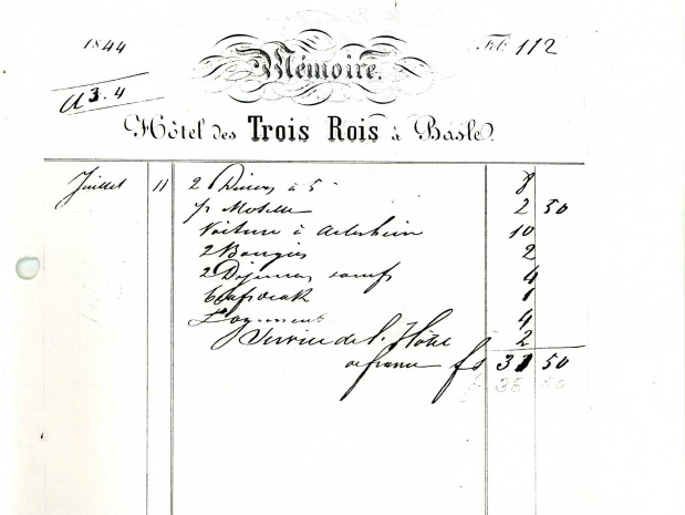 the receipt from the Hotel Trois Rois, 1844