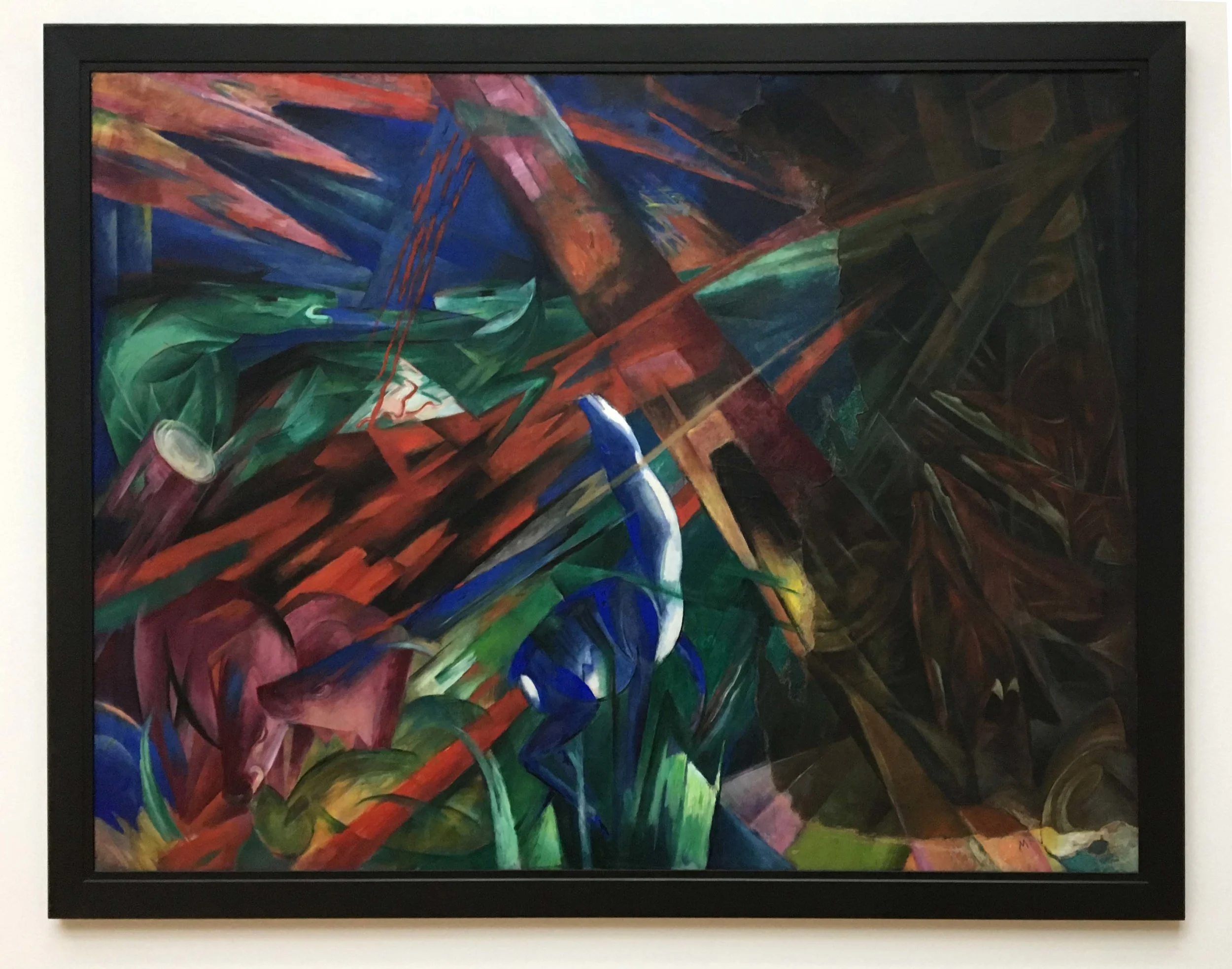 Franz Marc, Animal Destinies (The trees showed their rings, the animals their veins), 1913 This painting was supposed to be in a commemorative exhibition after Franz Marc fell at the Battle of Verdun in 1916, but there was a fire in the exhibition storage facility, and a third of the painting burned. Paul Klee then took it upon himself to restore the work in 1919, intentionally leaving the burned edge visible and slightly discoloring the new part. 