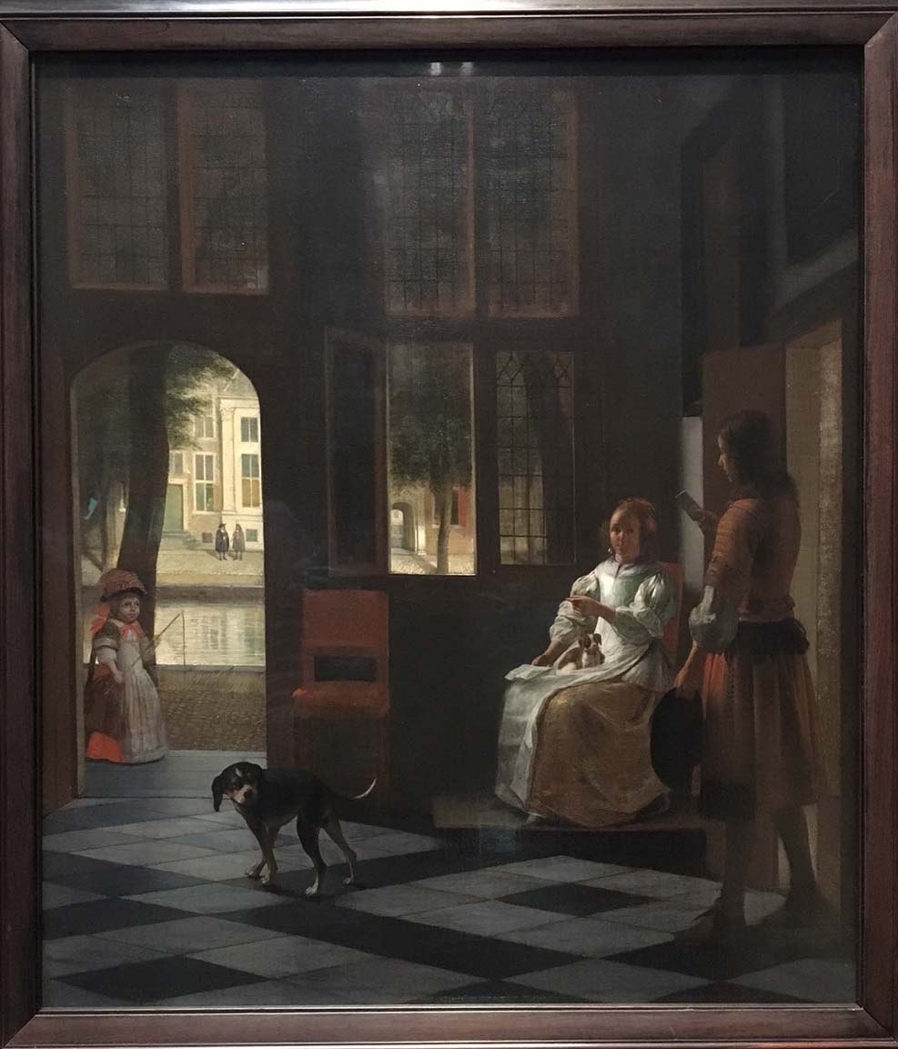 Man handing a letter to a woman in the entrance hall of a house, Pieter de Hooch, 1670