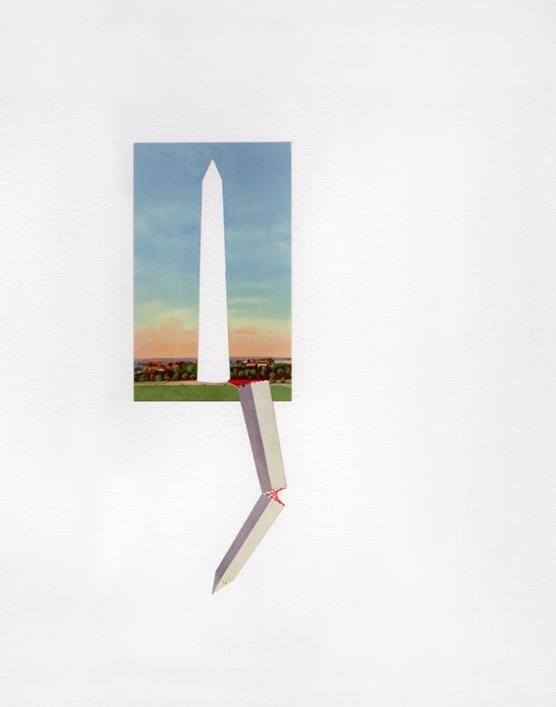 Washington Monument, 2017, vintage postcard and thread on paper