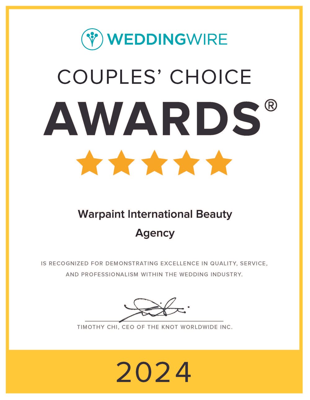 WarPaint International WeddingWire Couples' Choice Award 2024