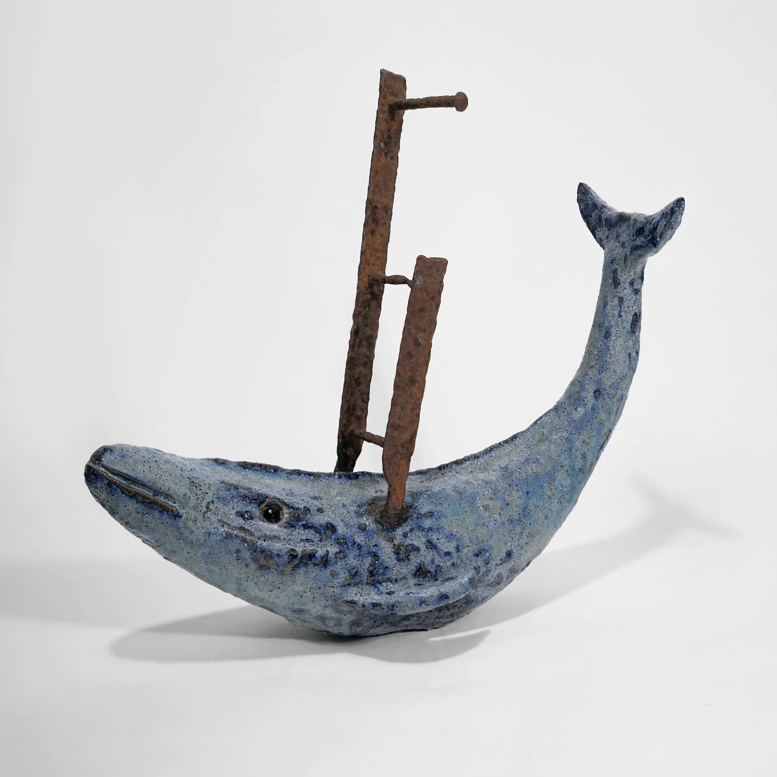 Ladder Whale, 2024. Clay, glaze, found metal. Approx. 13" high