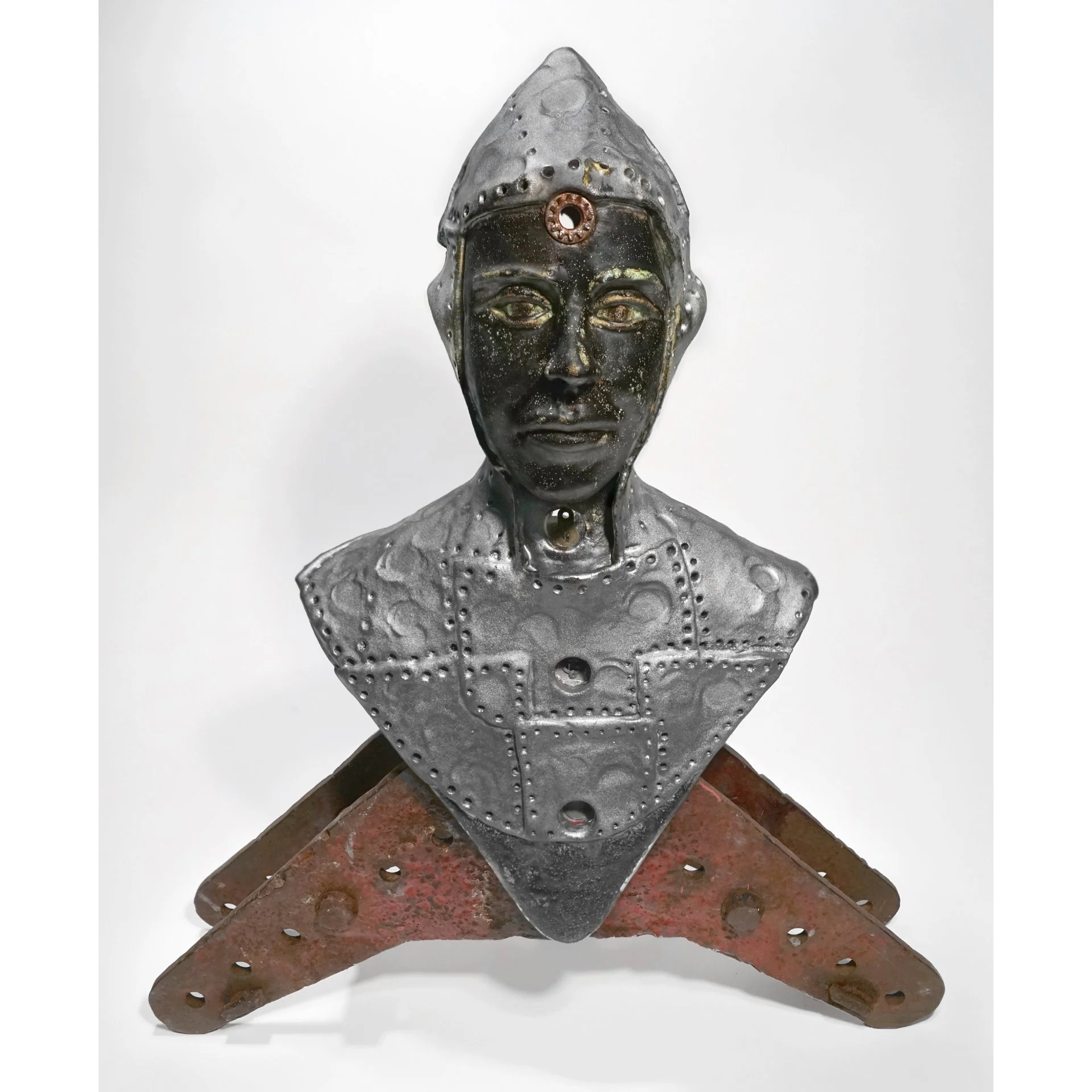 Armor & Chakras, 2019. Clay, glaze, found metal objects. Approx. 24" high
