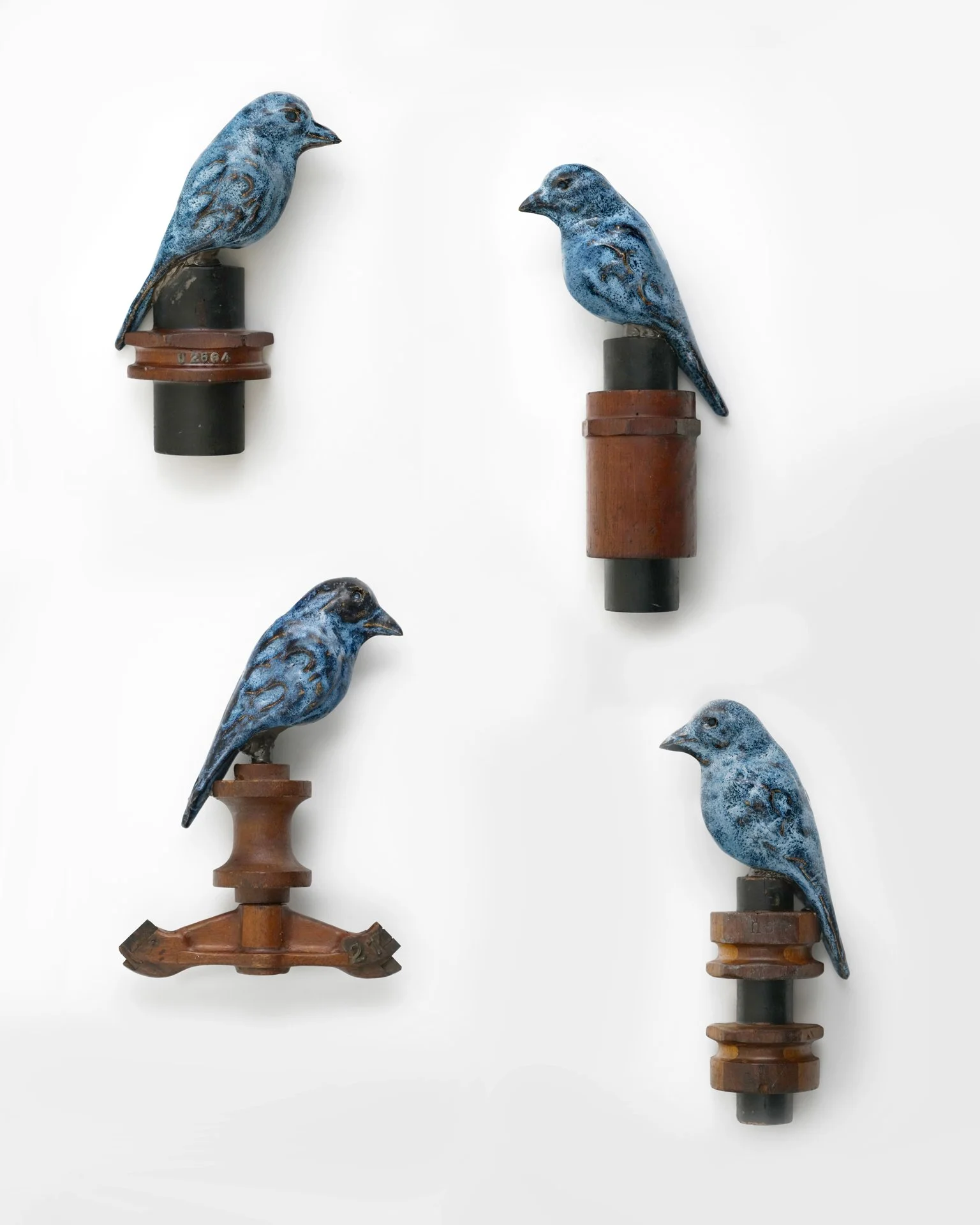 Pattern Birds, 2022. Clay, glaze, found pattern molds. Each approx. 9" high