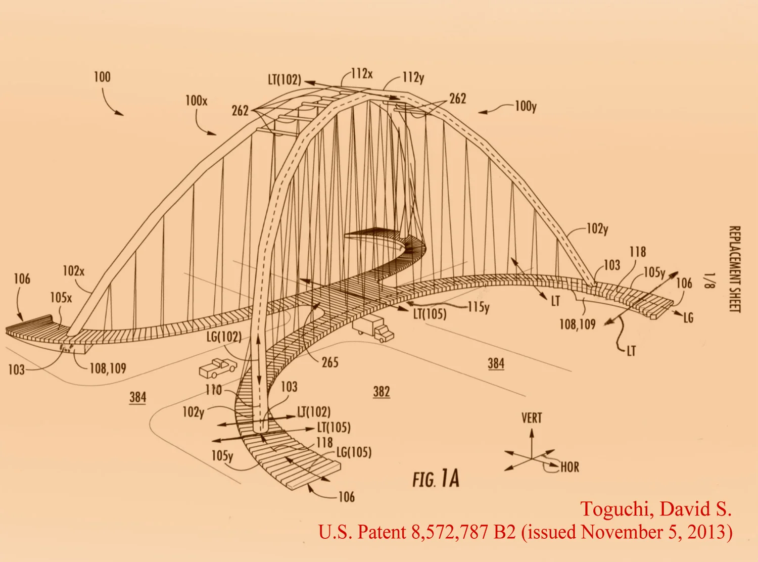 Some of the bridge elements include: a curved arch bridge, a curved suspension bridge, curving thin lightweight deck structure, structurally simple and efficient, minimizing impact on usable space, single bridge connecting multiple areas, dramatic views from all vantage points: around the bridge, on the bridge, or below the bridge.