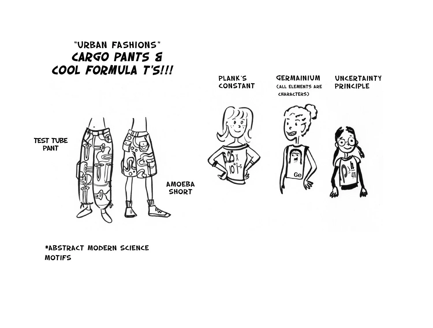 Sporting abstract modern science motifs, Science 4 Girls urban wear celebrates the hard core sciences. A few features are test tube pants, amoeba shorts, Plank's constant, the Uncertainty Principle, and all the periodic elements as characters.