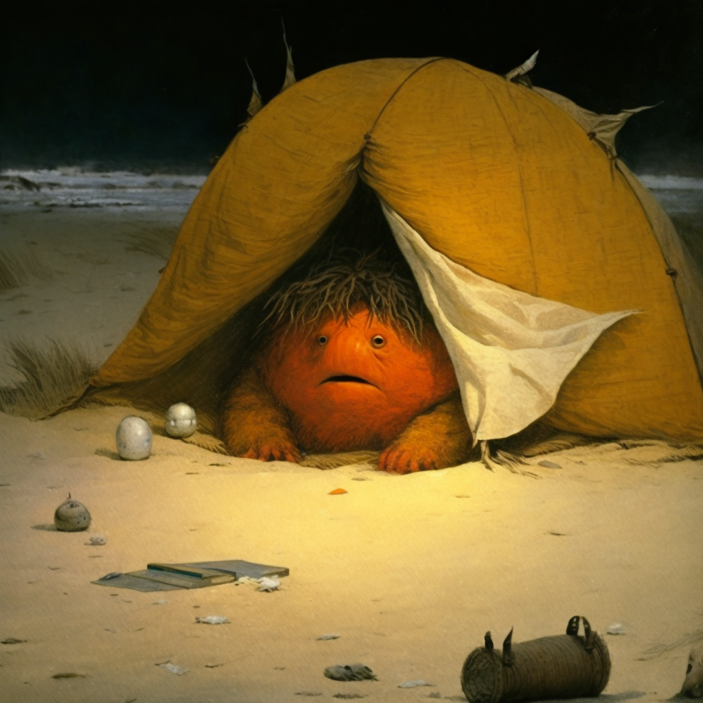 mrenjoyable_fluffy_orange_monster_is_on_a_beach_sleeping_in_a_m_7b765e98-11a4-42ae-9d32-2c9f24d83478.png