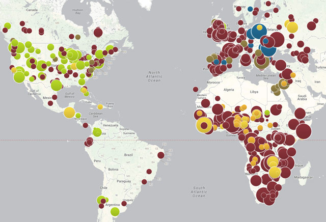 Map showing outbreaks of vaccine-preventable diseases including measles outbreaks (purple) worldwide and whooping cough (green). Source: Council on Foreign Relations.