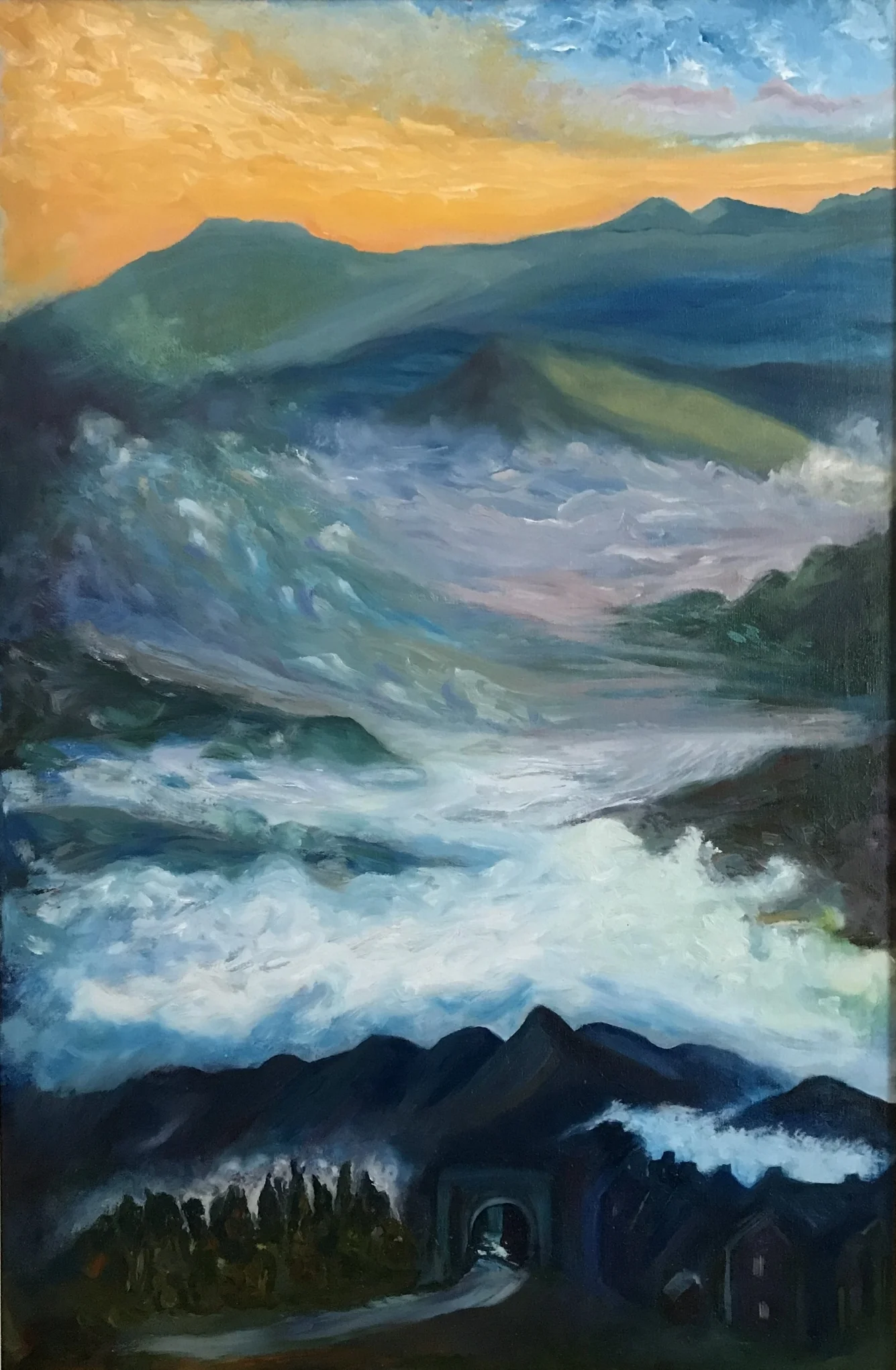   The Tunnel out of Town    Oil paint on Canvas mounted on wood.    Size 26 x 35 inches  