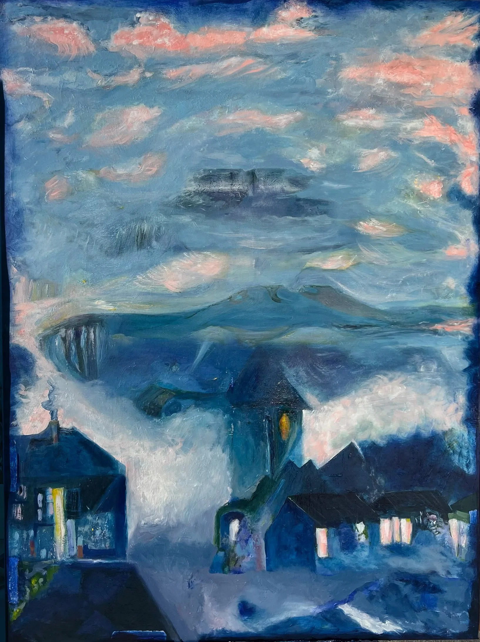  Title - Mae’r mwg yn taro i lawr/ The smoke is hitting&nbsp; down  Story / Originally inspired by the cover and song by the band Caravan with the idea of integrating my hometown and mountain into the pink and grey pallet.It Evolved into a kind of wr