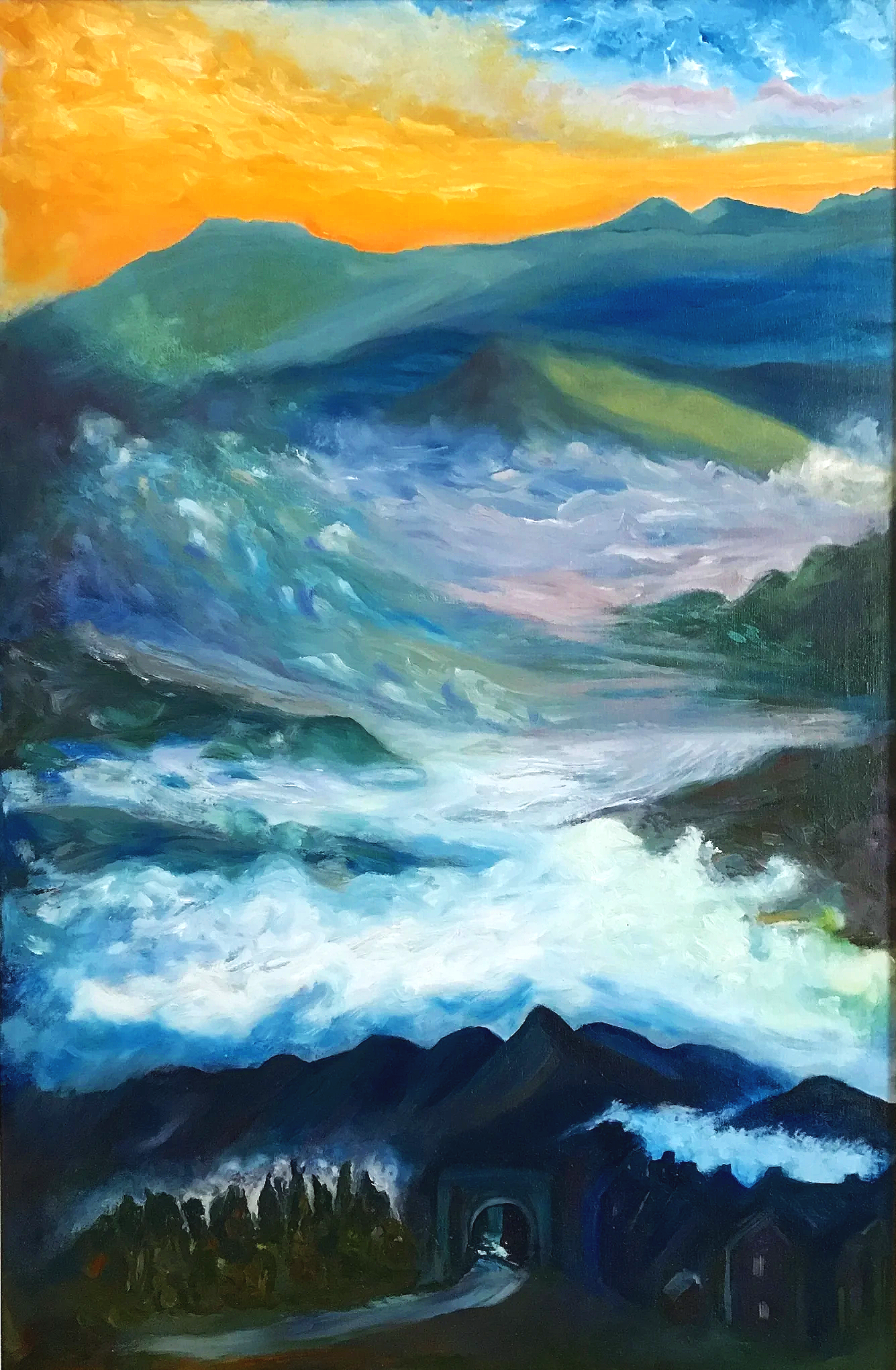   The Tunnel out of Town    Oil paint on Canvas mounted on wood.    Size 26 x 35 inches  