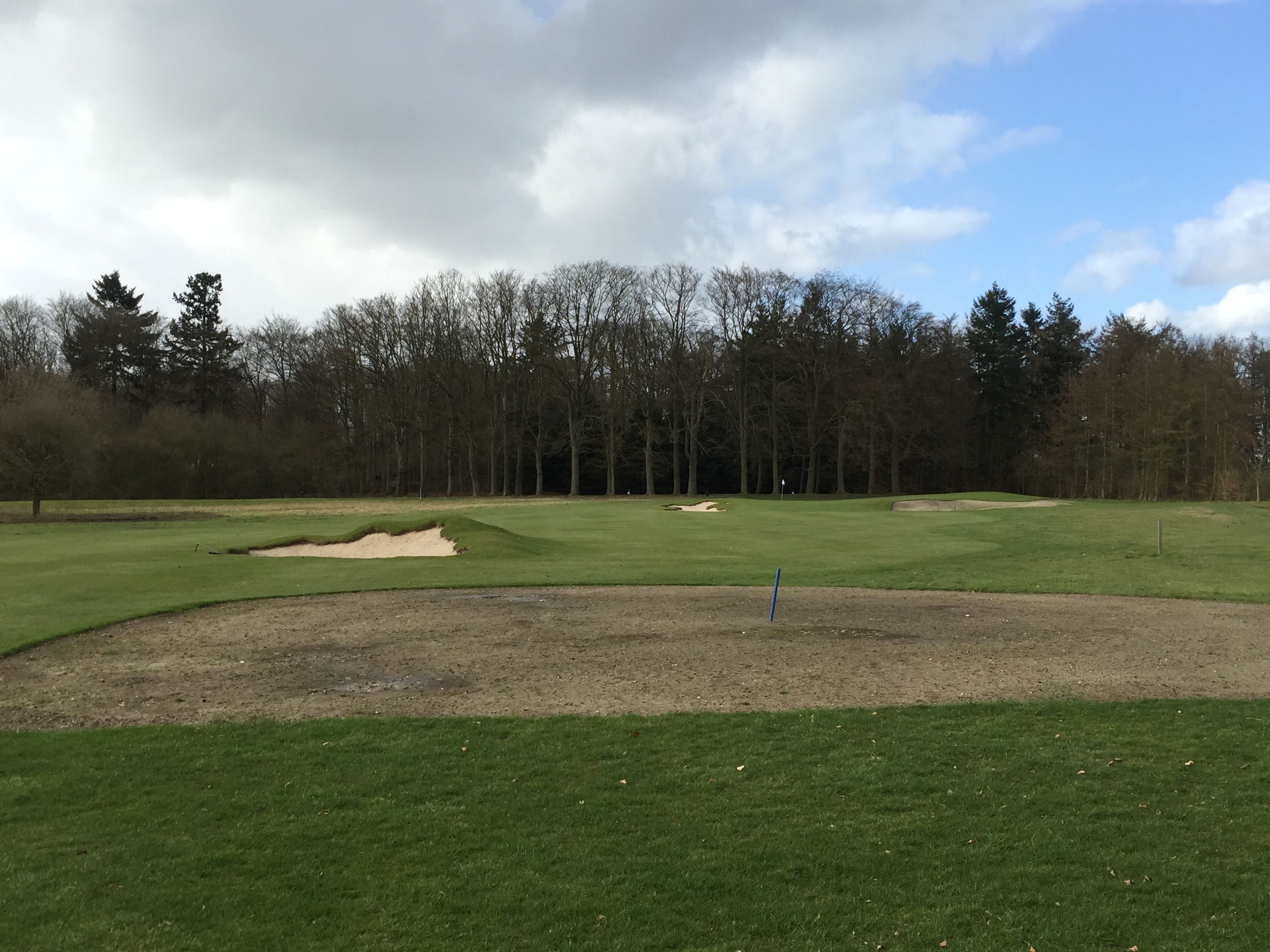 Hole 13 after from the further up the fairway. The exposed ground is the newly seeded flattened old bunker. Notice how much more prominent the high right side of the green is. That is the perfect example of addition by subtraction, for the green itself was not touched at all. Also notice how the angle to the hole is open from here.