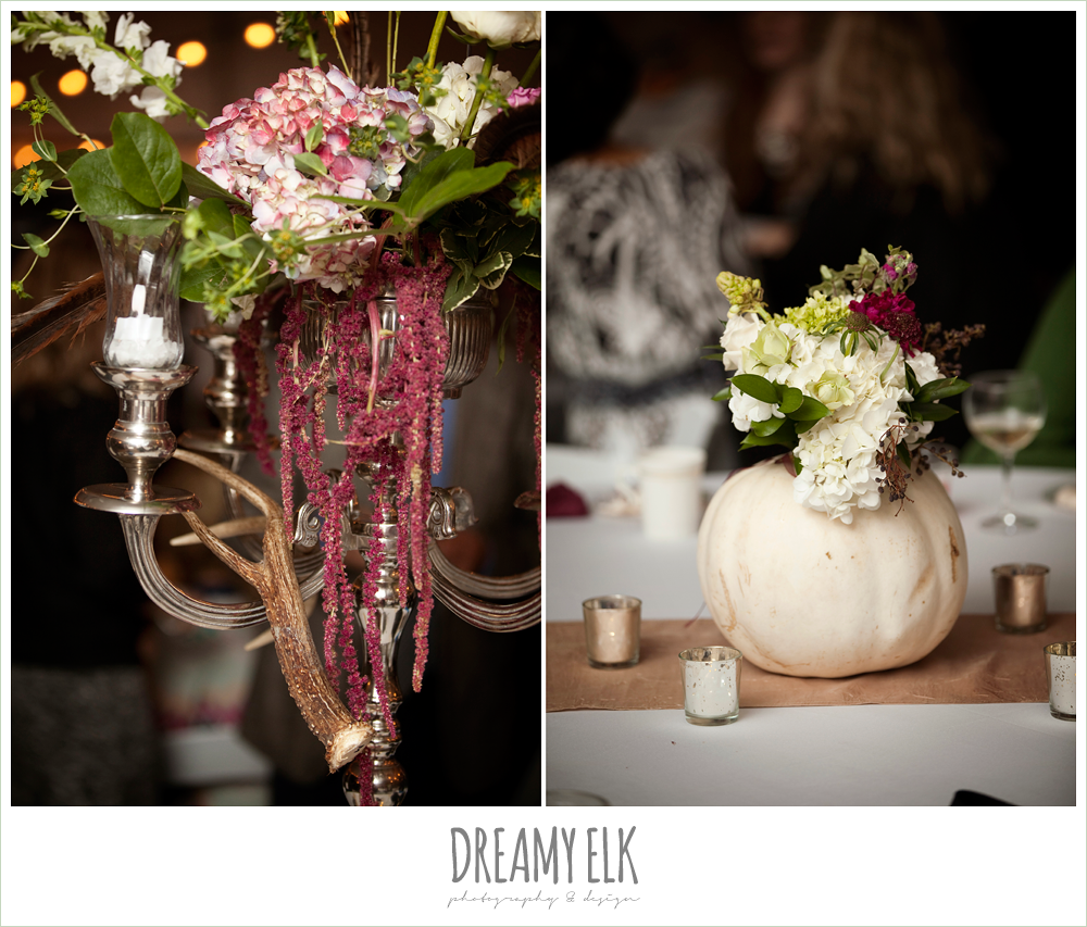 fall reception decor, table arrangements, antlers, pumpkins, fall wedding, rock lake ranch, dreamy elk photography and design