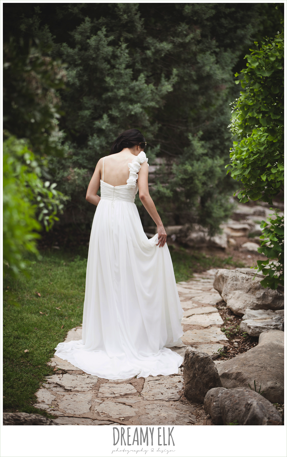 modern wedding tiara, chiffon wedding dress with ruffle sleeve, outdoor spring bridal photo, zilker botanical gardens, austin, texas {dreamy elk photography and design}